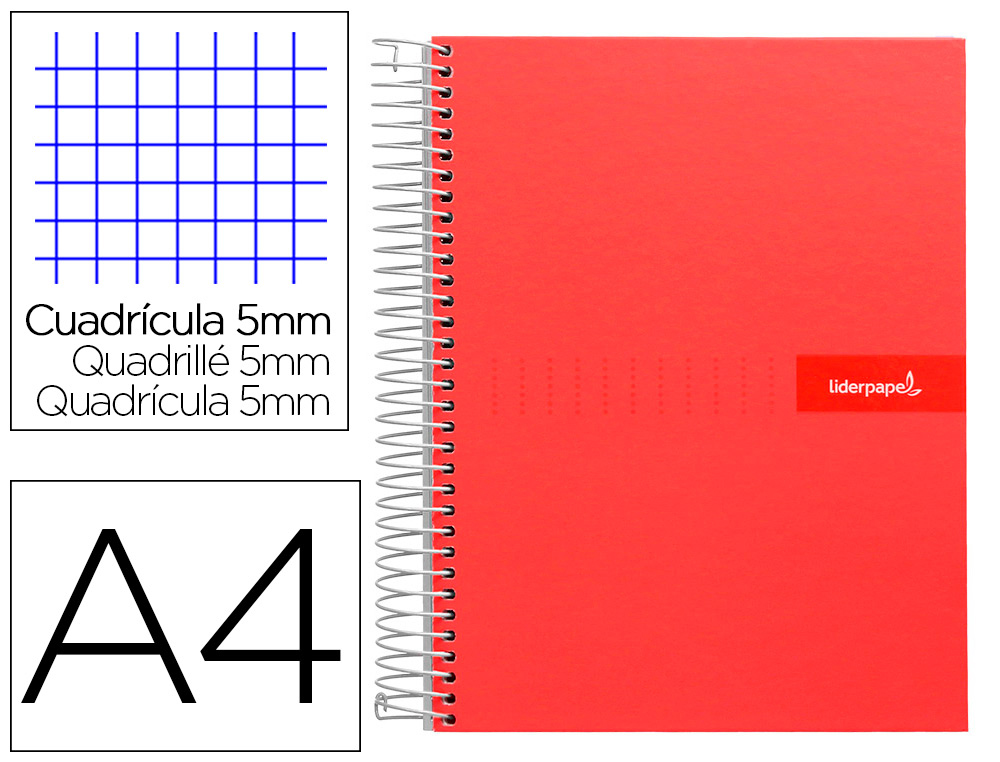 CAHIER SPIRALE LIDERPAPEL CRAFTY COUVERTURE CONTRECOLLE A4 240P 90G/M2 5X5MM MICROPERFOR 4 TROUS COLORIS ROUGE
