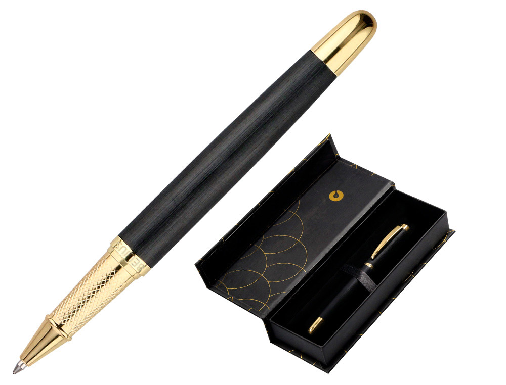 STYLO-BILLE BELIUS PASSION ALUMINIUM BROSSE ATTRIBUTS OR ENCRE BLEUE COLORIS NOIR DANS COFFRET CADEAU