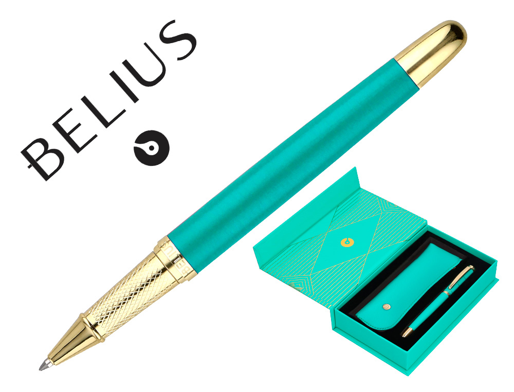 STYLO-BILLE ET ETUI SIMILI CUIR BELIUS SOIREE ALUM. DETAILS ET ATTRIBUTS OR ENCRE BLEUE COLORIS TURQUOISE COFFRET CADEAU