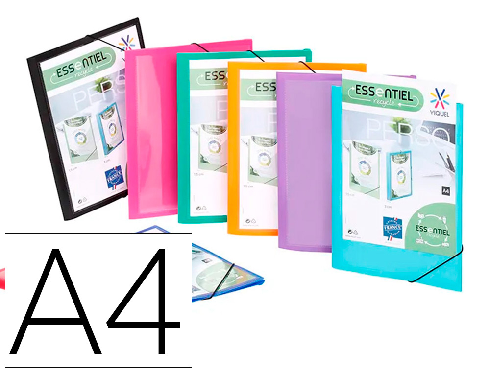 CHEMISE VIQUEL 3 RABATS A4 PERSONNALISABLE POLYPROPYLENE ESSENTIEL RECYCLE COLORIS     ASSORTIS