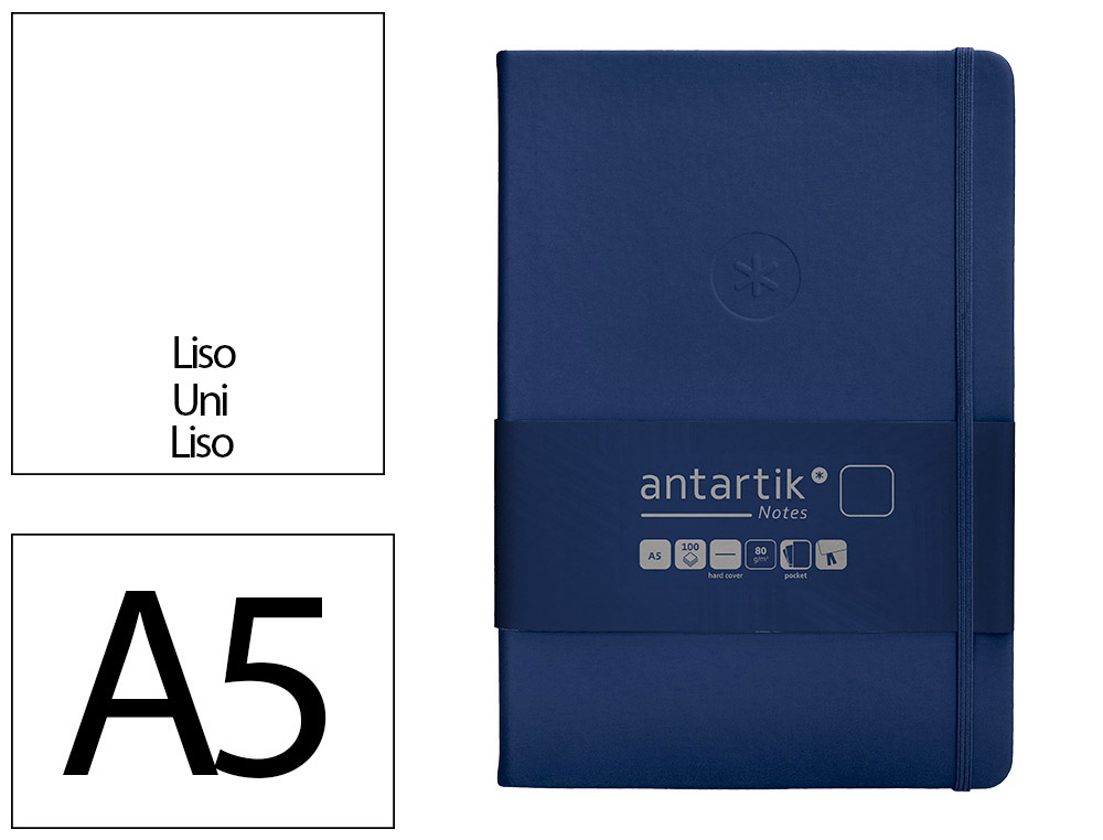 CARNET FERMETURE ELASTIQUE ANTARTIK NOTES COUVERTURE RIGIDE A5 PAPIER UNI IVOIRE 100 FEUILLES 80GR FSC BLEU MARINE