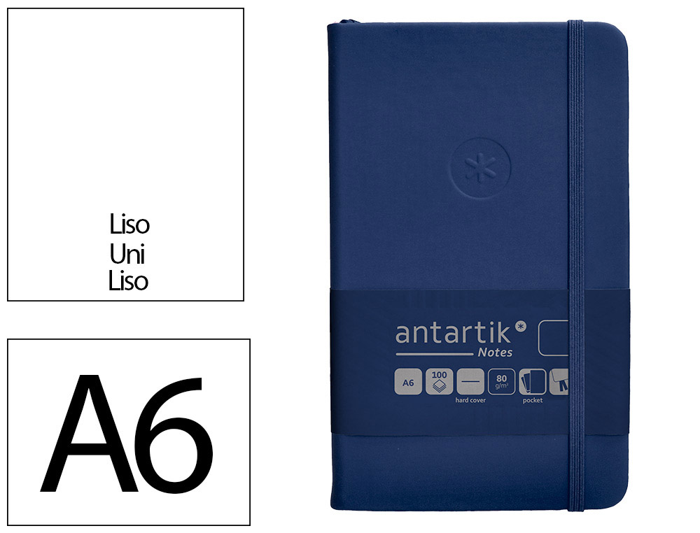 CARNET A6 ANTARTIK NOTES PAPIER UNI IVOIRE COUVERTURE  RIGIDE FERMETURE ELASTIQUE 200PAGES 80GR COLORIS BLEU MARINE