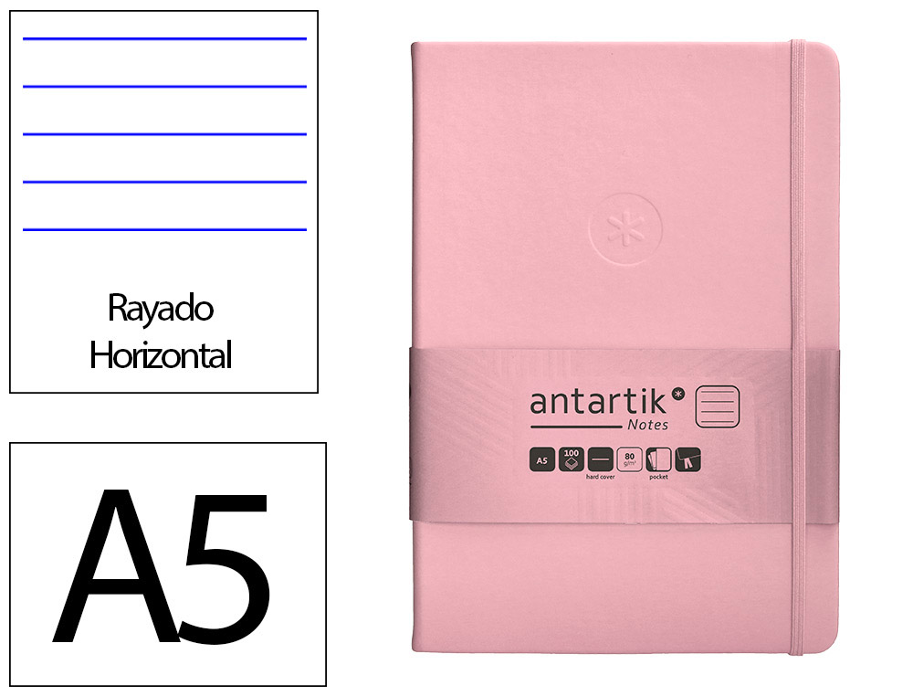CARNET A5 ANTARTIK NOTES LIGNECOUVERTURE RIGIDE FERMETURE   ELASTIQUE 200 PAGES 80GR      COLORIS ROSE PASTEL