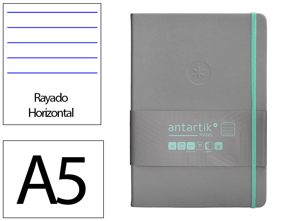 CARNET A5 ANTARTIK NOTES LIGNECOUVERTURE RIGIDE FERMETURE   ELASTIQUE TURQUOISE 200 PAGES 80GR COLORIS GRIS