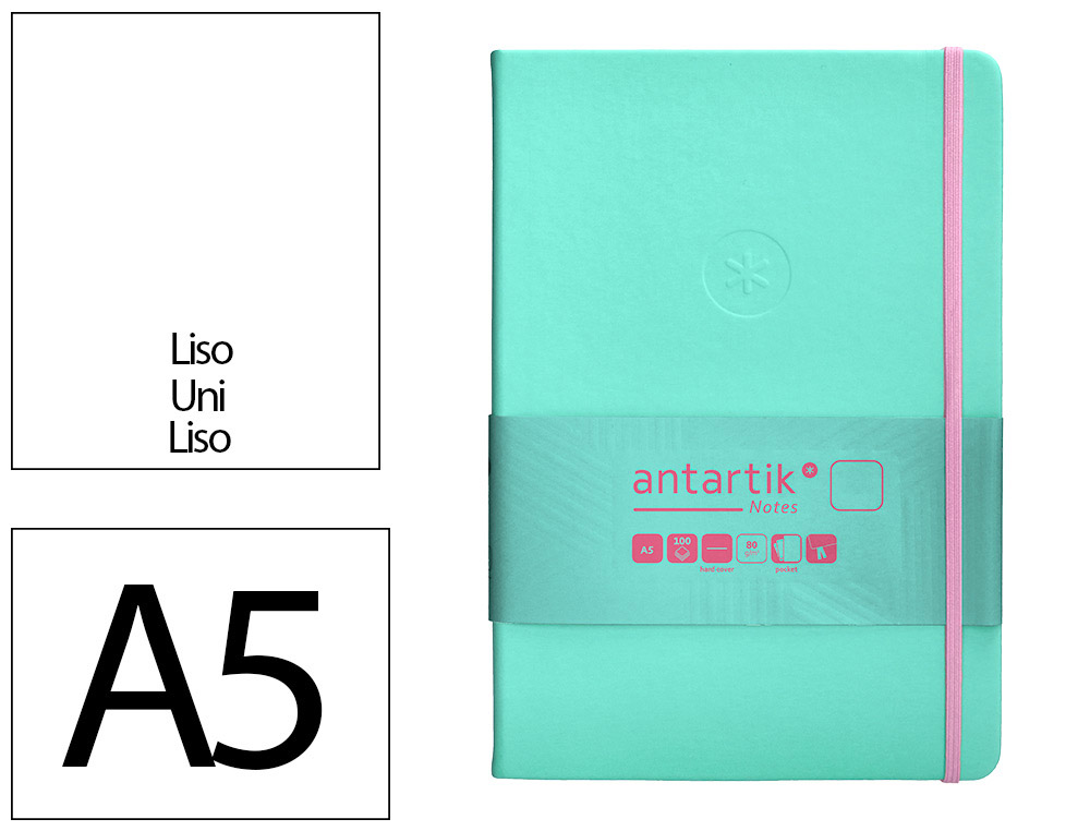 CARNET A5 ANTARTIK NOTES PAPIER UNI IVOIRE COUVERTURE RIGIDE FERMETURE ELASTIQUE ROSE 200 PAGES 80GR COLORIS TURQUOISE
