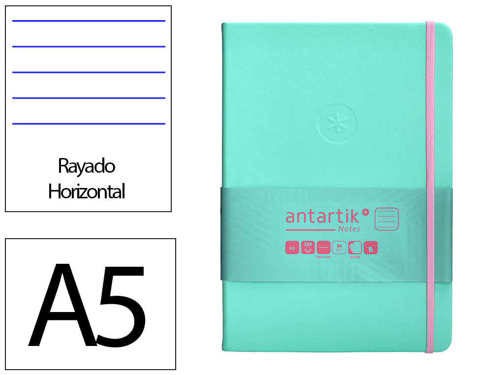CARNET A5 ANTARTIK NOTES LIGNECOUVERTURE RIGIDE FERMETURE   ELASTIQUE ROSE 200 PAGES 80GR COLORIS TURQUOISE