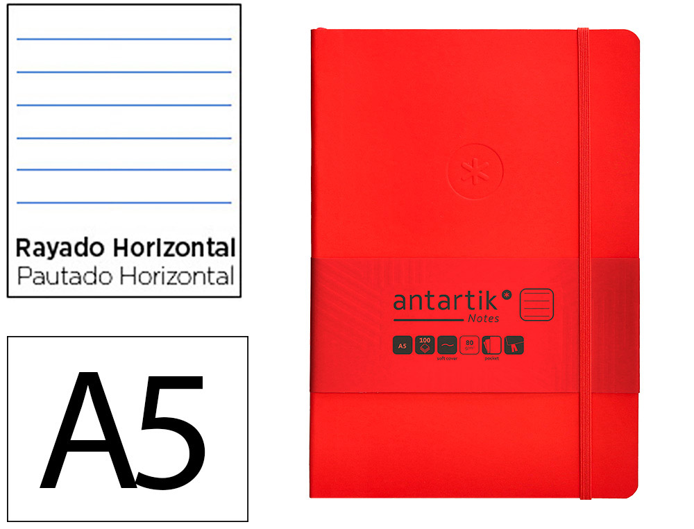 CARNET FERMETURE ELASTIQUE ANTARTIK NOTES COUVERTURE     SOUPLE A5 LIGNE 100 FEUILLES  80GR FSC COLORIS ROUGE