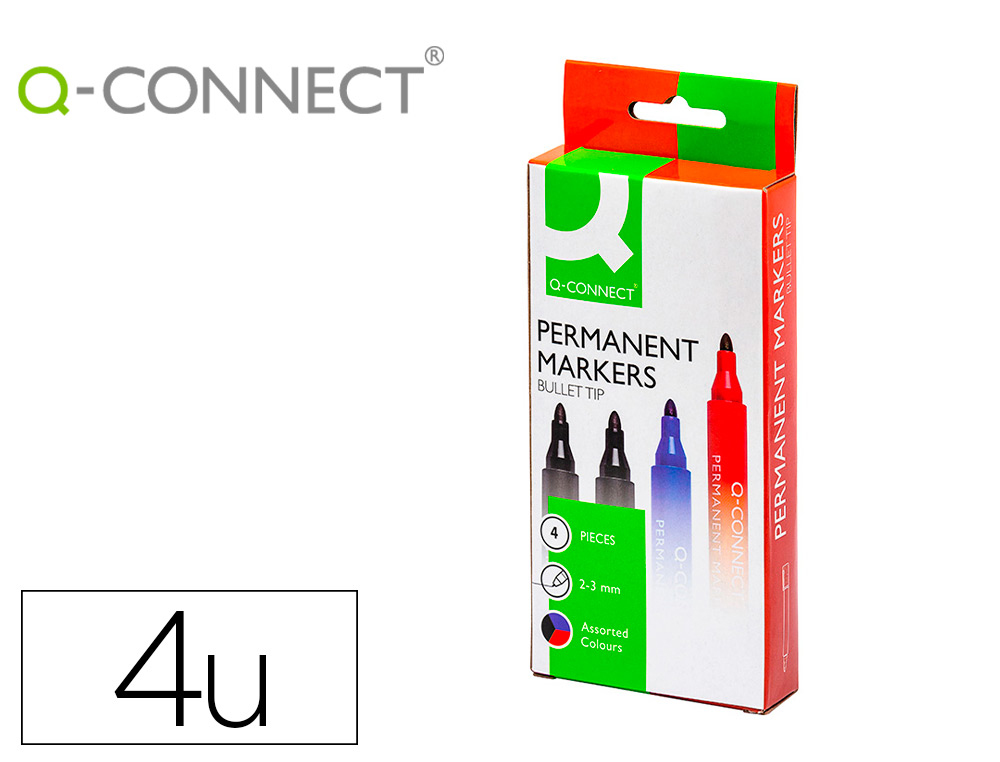 MARQUEUR Q-CONNECT PERMANENT POINTE OGIVE TRAC 3MM RSISTANTE CORPS PLASTIQUE POCHETTE 4 UNITS