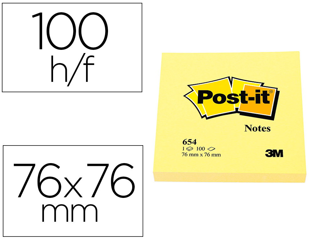BLOC-NOTES POST-IT 654 76X76MM 100F/BLOC REPOSITIONNABLES COLORIS JAUNE