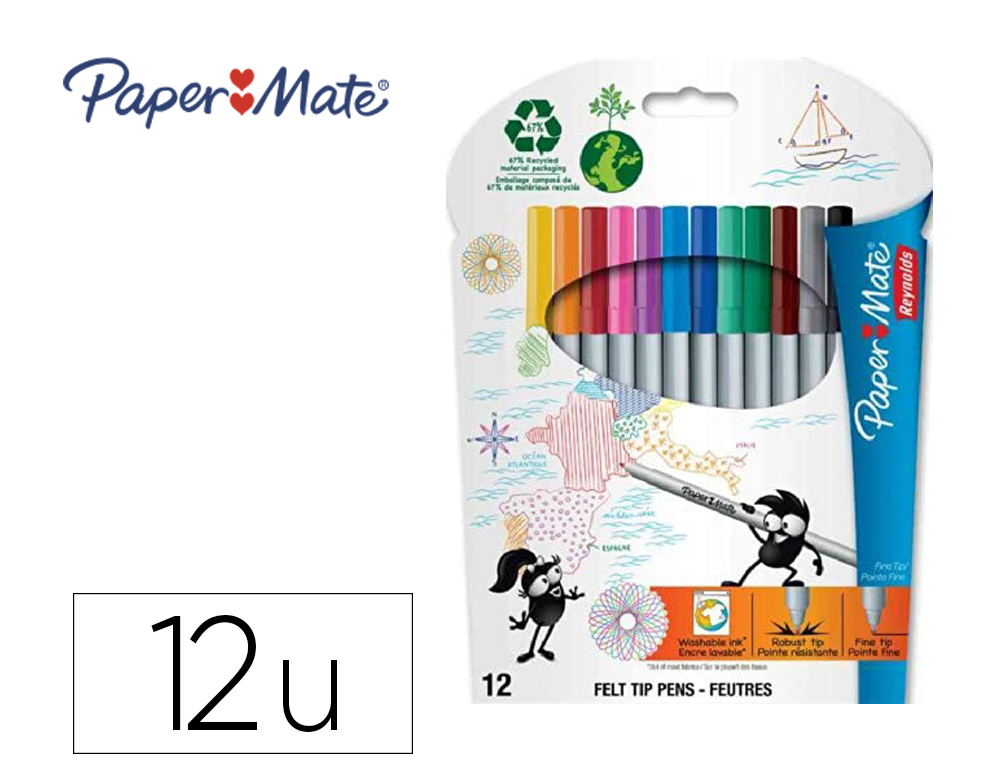 FEUTRE COLORIAGE PAPER MATE TRACER CRIRE DESSINER ENCRE LAVABLE CAPUCHON VENTIL POINTE FINE POCHETTE 12 UNITS