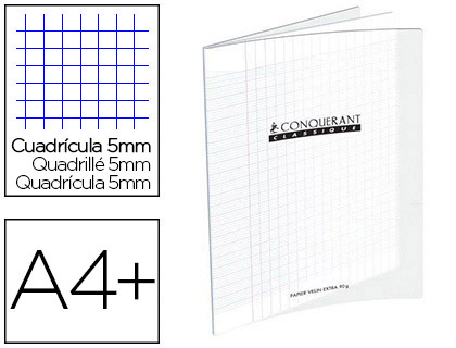 CAHIER PIQUÉ CONQUÉRANT CLASSIQUE COUVERTURE POLYPROPYLÈNE RIGIDE TRANSPARENTE A4+ 24X32CM 96 PAGES 90G 5X5 INCOLORE