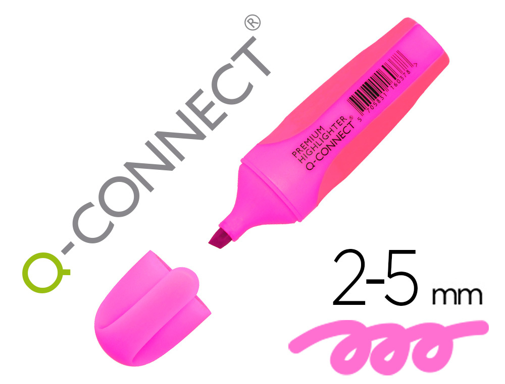 SURLIGNEUR Q-CONNECT PREMIUM POINTE BISEAUTE ENCRE BASE EAU CORPS COULEUR ENCRE GRIP CAOUTCHOUC CAPUCHON CLIP ROSE
