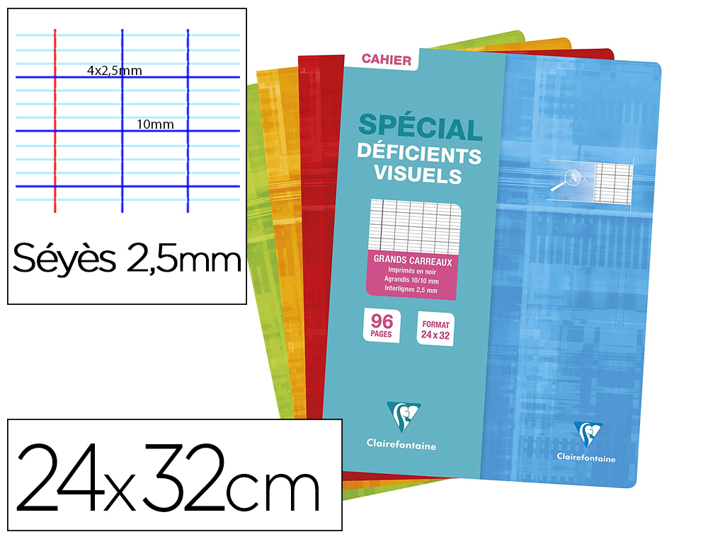 CAHIER PIQUE CLAIREFONTAINE DEFICIENTS VISUELS 24X32CM 96PSEYES 90G 2,5MM 10/10 LIGNAGE NOIR COLORIS ALEATOIRE