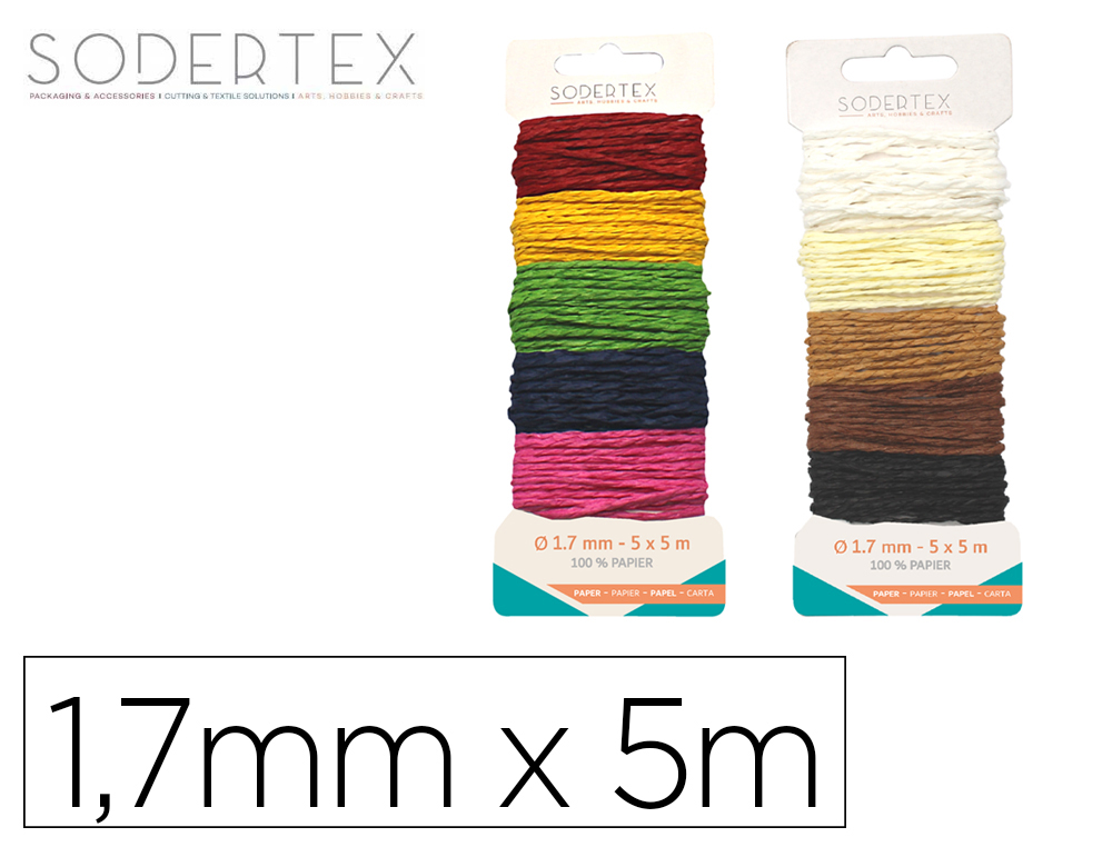 FICELLE SODERTEX PAPIER DIAMETRE 1,7MM LONGUEUR 5M 5  COLORIS ASSORTIS LOT 2 CARTES