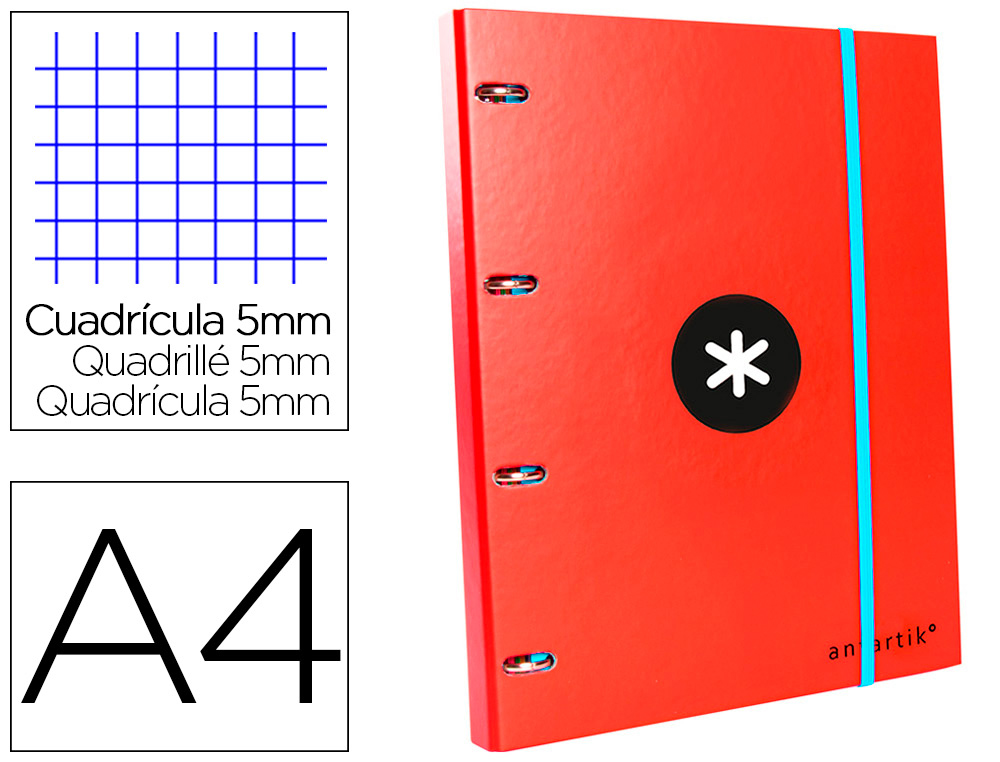 CLASSEUR ANTARTIK 4 ANNEAUX RONDS 25MM A4 CARTON REMBORD FEUILLETS MOBILES QUADRILLAGE 5MM COLORIS ROUGE