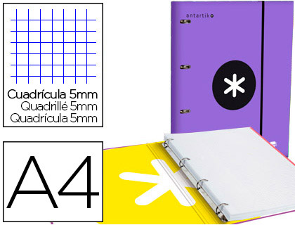 CLASSEUR ANTARTIK 4 ANNEAUX RONDS 25MM A4 CARTON REMBORD FEUILLETS MOBILES QUADRILLAGE 5MM COLORIS VIOLET