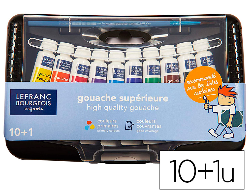 GOUACHE LEFRANC BOURGEOIS COLLEGE COLORIS ASSORTIS -    BOX DE 10 TUBES X 10ML + 1    PINCEAU