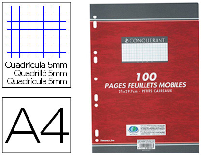 FEUILLET MOBILE CONQUÉRANT SEPT A4 210X297MM 100 PAGES 90G 5X5MM PERFORÉ COLORIS BLANC