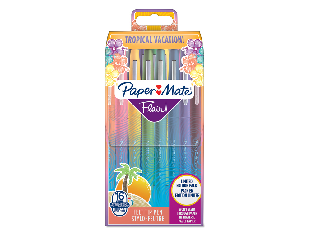 STYLO-FEUTRE PAPER MATE FLAIR TROPICAL POINTE MOYENNE 1MM LONGUE DURÉE DE VIE POCHETTE 16 COLORIS ASSORTIS