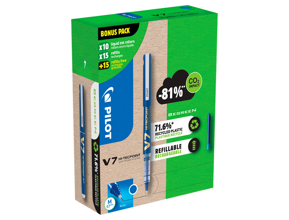 PACK PILOT V7 10 ROLLERS ENCRE LIQUIDE RECHARGEABLES POINTE MOYENNE 10 SETS DE 3 RECHARGES 5 OFFERTES COLORIS