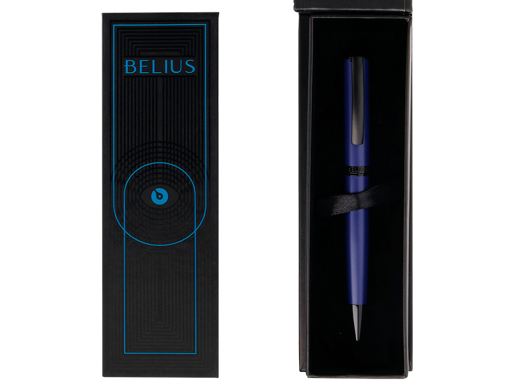 STYLO-BILLE BELIUS TURBO ALUMINIUM TEXTURE POINTILLEE ATTRIBUTS NOIR ENCRE BLEUE COLORIS BLEU DANS COFFRET CADEAU