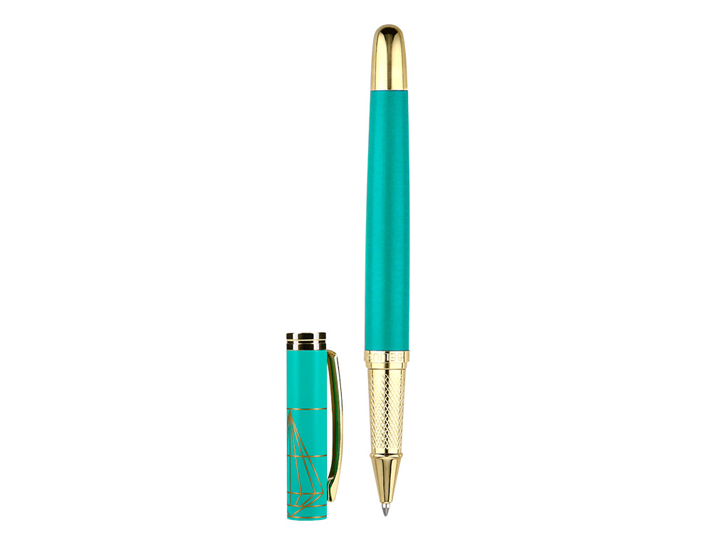 STYLO-BILLE BELIUS SOIREE ALUMINIUM DETAILS ET ATTRIBUTS OR ENCRE BLEUE COLORIS TURQUOISE DANS COFFRET CADEAU