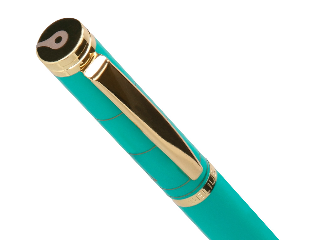 STYLO-BILLE BELIUS SOIREE ALUMINIUM DETAILS ET ATTRIBUTS OR ENCRE BLEUE COLORIS TURQUOISE DANS COFFRET CADEAU