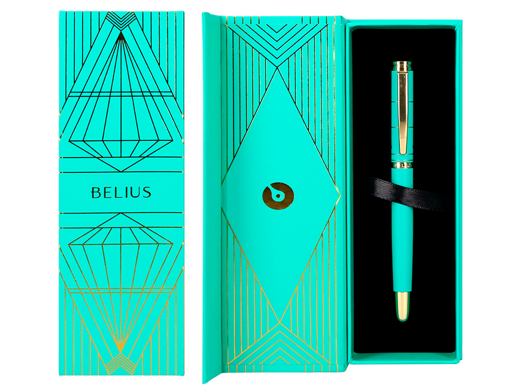 STYLO-BILLE BELIUS SOIREE ALUMINIUM DETAILS ET ATTRIBUTS OR ENCRE BLEUE COLORIS TURQUOISE DANS COFFRET CADEAU