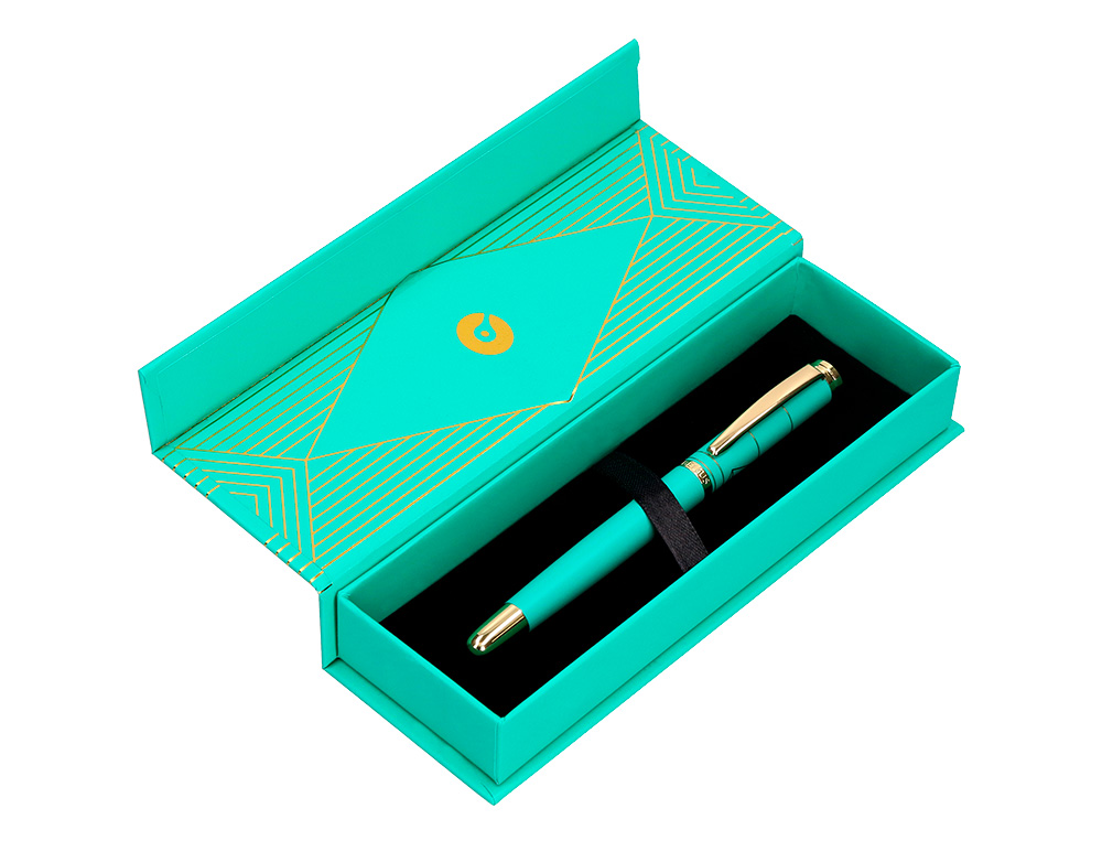 STYLO-BILLE BELIUS SOIREE ALUMINIUM DETAILS ET ATTRIBUTS OR ENCRE BLEUE COLORIS TURQUOISE DANS COFFRET CADEAU