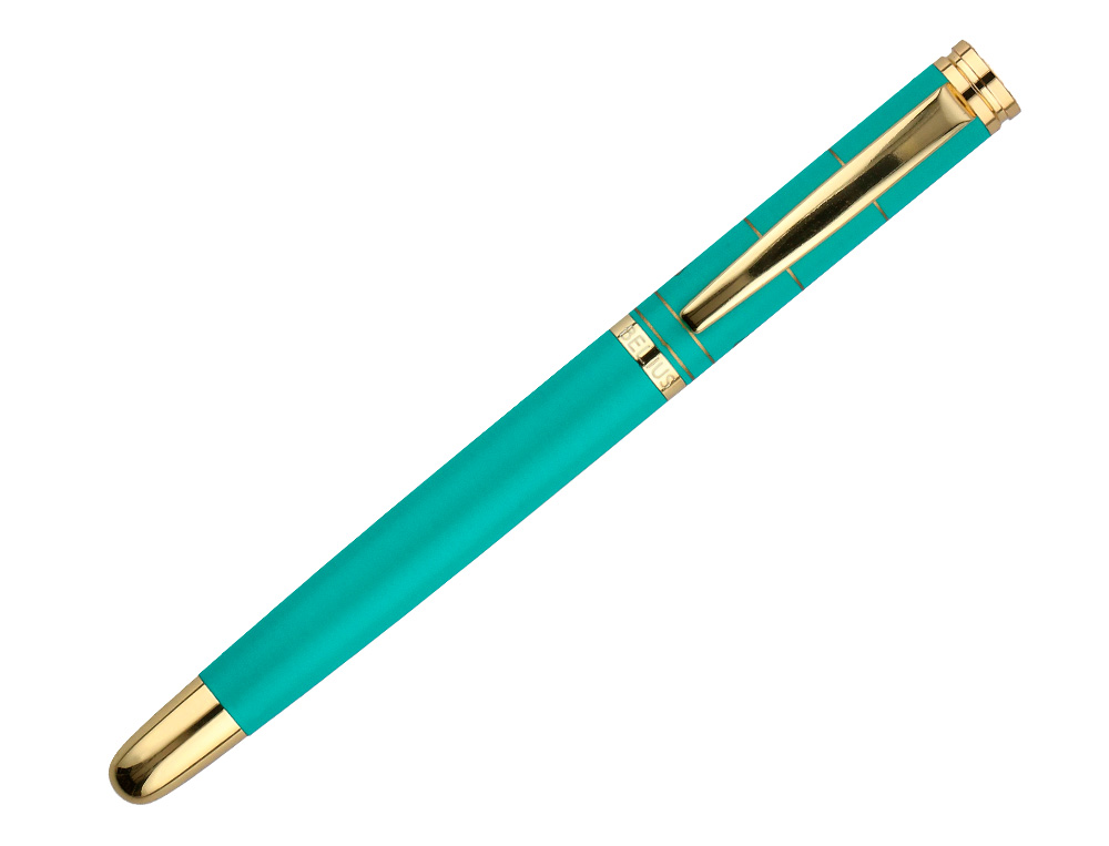 STYLO-BILLE BELIUS SOIREE ALUMINIUM DETAILS ET ATTRIBUTS OR ENCRE BLEUE COLORIS TURQUOISE DANS COFFRET CADEAU