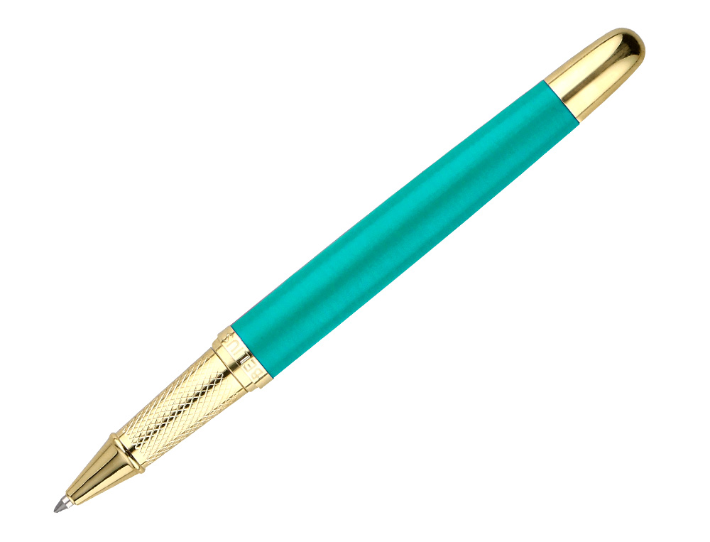 STYLO-BILLE BELIUS SOIREE ALUMINIUM DETAILS ET ATTRIBUTS OR ENCRE BLEUE COLORIS TURQUOISE DANS COFFRET CADEAU