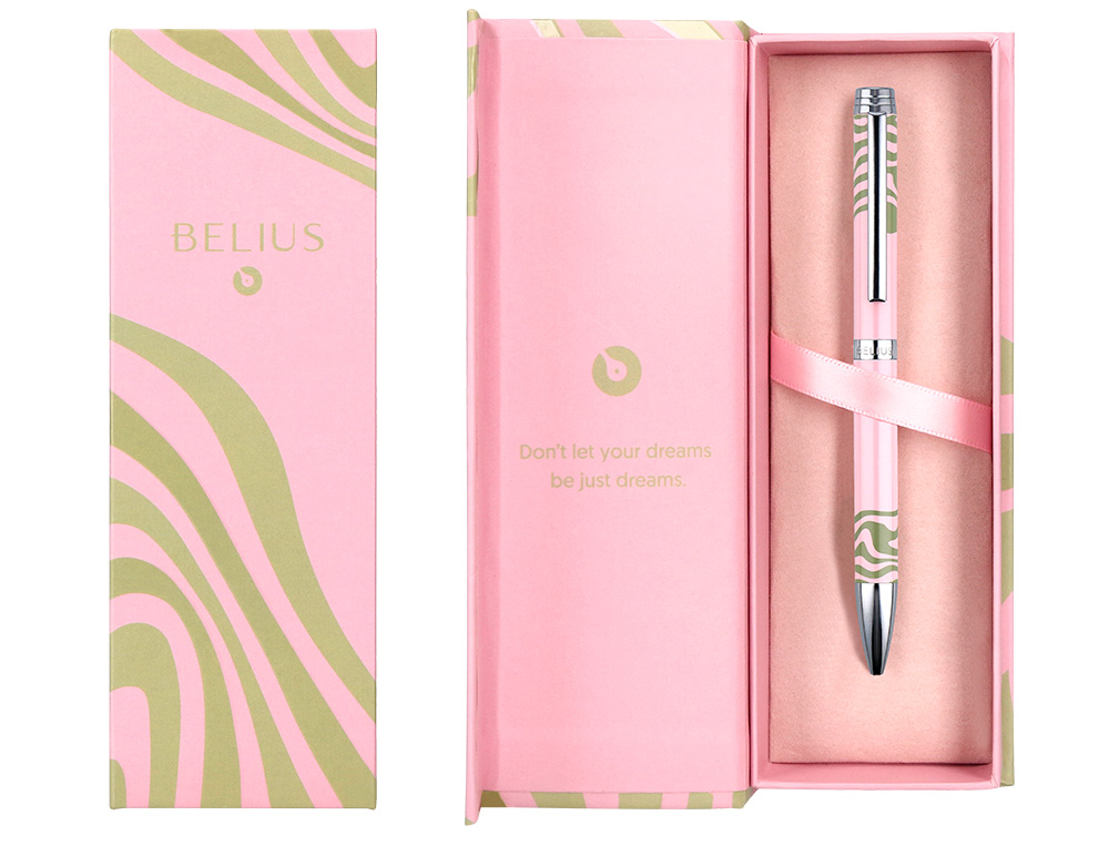 STYLO-BILLE BELIUS INK DREAMS ALUMINIUM ATTRIBUTS ARGENT ENCRE BLEUE COLORIS ROSE ONDULATIONS VERT MATCHA COFFRET CADEAU