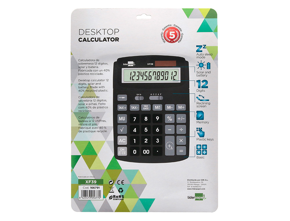 CALCULATRICE DE BUREAU LIDERPAPEL XF39 12 CHIFFRES SOLAIRE ET PILES 190X140X32MM COLORIS NOIR