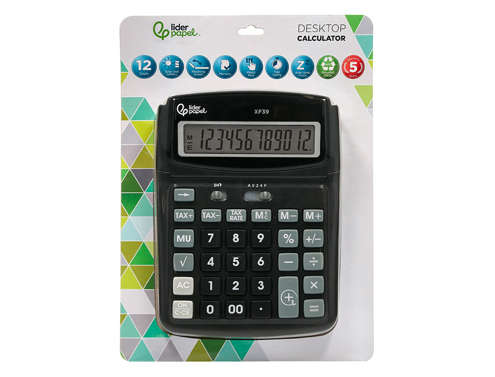CALCULATRICE DE BUREAU LIDERPAPEL XF39 12 CHIFFRES   SOLAIRE ET PILES 190X140X32MM COLORIS NOIR