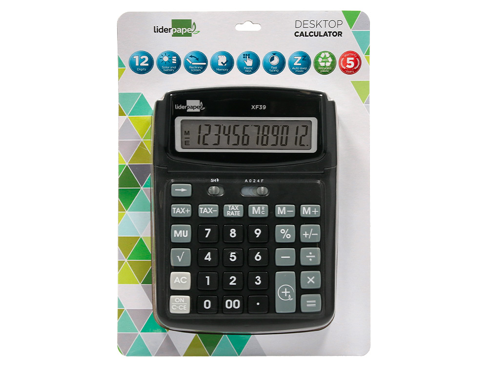 CALCULATRICE DE BUREAU LIDERPAPEL XF39 12 CHIFFRES SOLAIRE ET PILES 190X140X32MM COLORIS NOIR