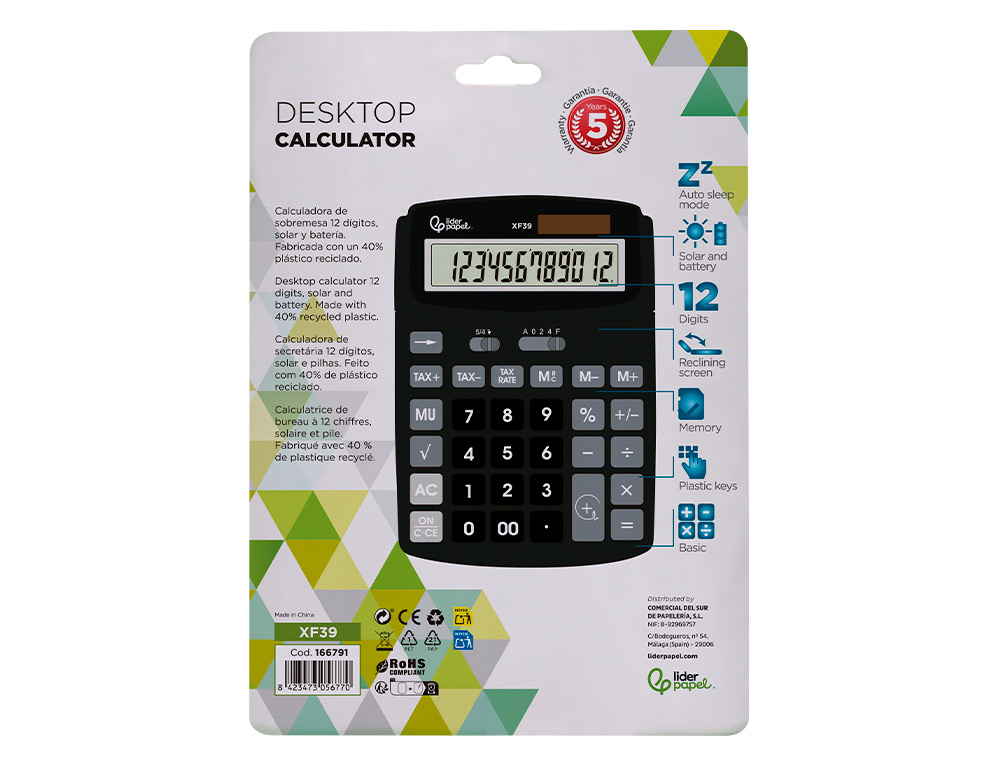 CALCULATRICE DE BUREAU LIDERPAPEL XF39 12 CHIFFRES   SOLAIRE ET PILES 190X140X32MM COLORIS NOIR