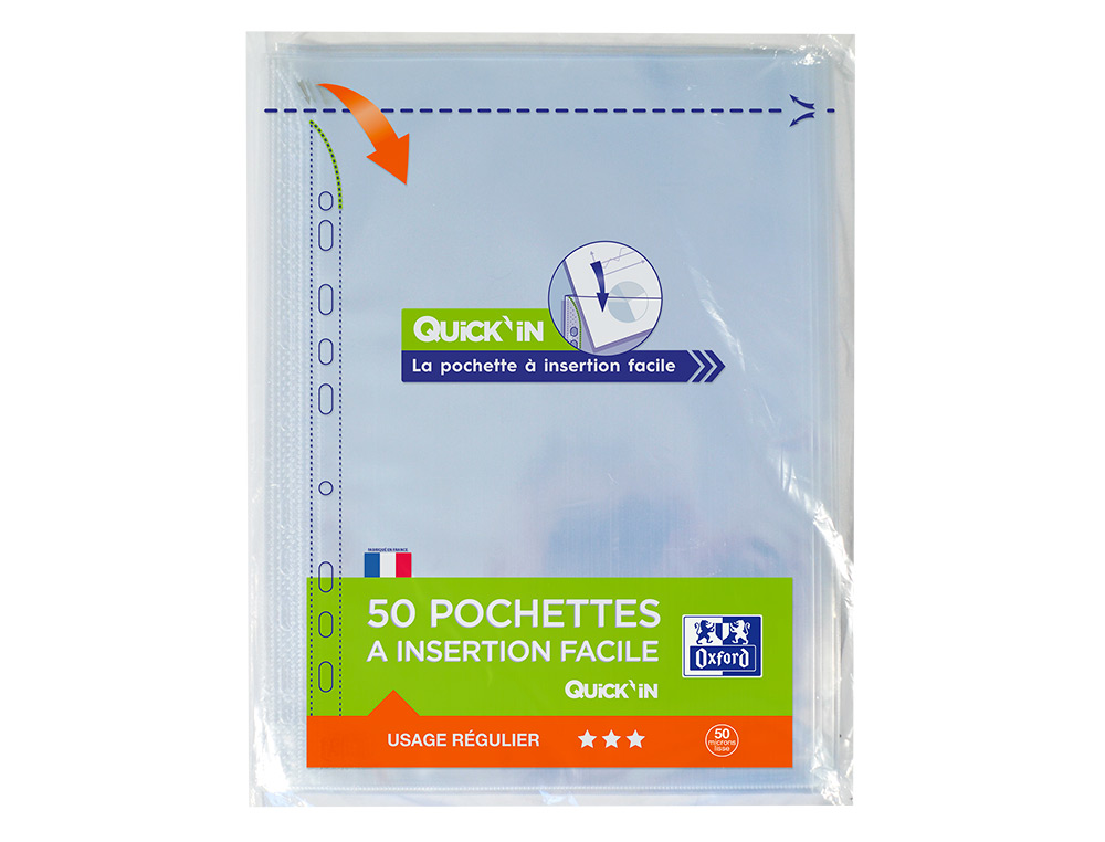 50 POCHETTE PERFOREE OXFORD QUICKIN SACH A4 POLYPROPYLENE 50MICRONS LISSE INCOLORE