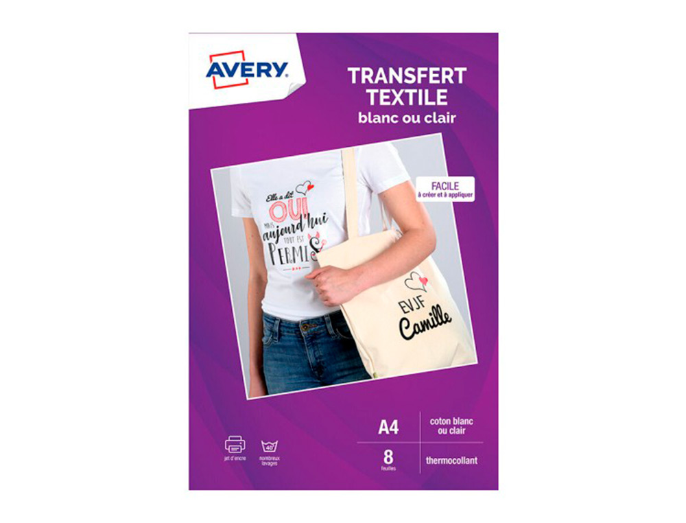 TRANSFERT TEXTILE AVERY A4 JET D ENCRE PAQUET DE 8 COLORIS BLANC OU CLAIR