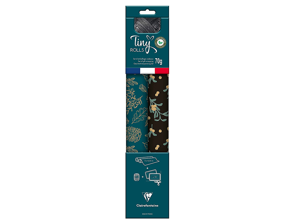 SET D'EMBALLAGE CADEAU NATURE COMPOS  DE 2 ROULEAUX TINY    ROLLS 5MX0,35CM + 1 ROULEAU   BOLDUC 20M + 10  TIQUETTES