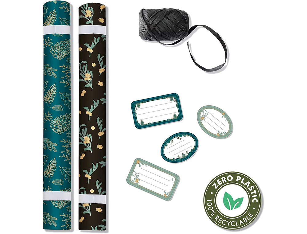 SET D'EMBALLAGE CADEAU NATURE COMPOS  DE 2 ROULEAUX TINY    ROLLS 5MX0,35CM + 1 ROULEAU   BOLDUC 20M + 10  TIQUETTES