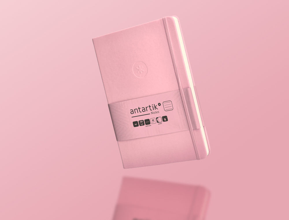 CARNET A5 ANTARTIK NOTES LIGNECOUVERTURE RIGIDE FERMETURE ELASTIQUE 200 PAGES 80GR COLORIS ROSE PASTEL