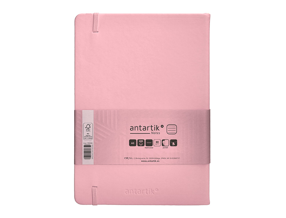 CARNET A5 ANTARTIK NOTES LIGNECOUVERTURE RIGIDE FERMETURE ELASTIQUE 200 PAGES 80GR COLORIS ROSE PASTEL