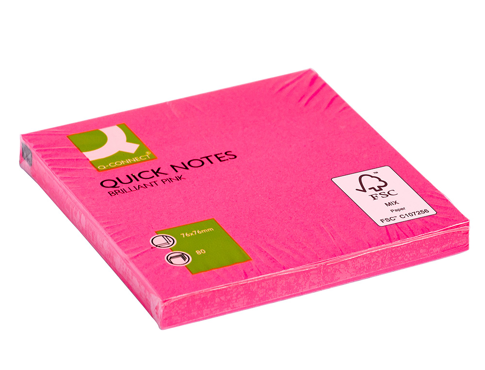 BLOC-NOTES Q-CONNECT QUICK NOTES COULEURS NON 76X76MM 80F REPOSITIONNABLES COLORIS ROSE VIF