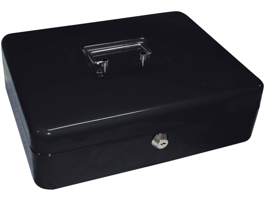 CAISSE MONNAIE Q-CONNECT STRUCTURE ACIER 0.8MM PAISSEUR PLATEAU AMOVIBLE ESPACE BILLETS 300X240X90MM COLORIS NOIR