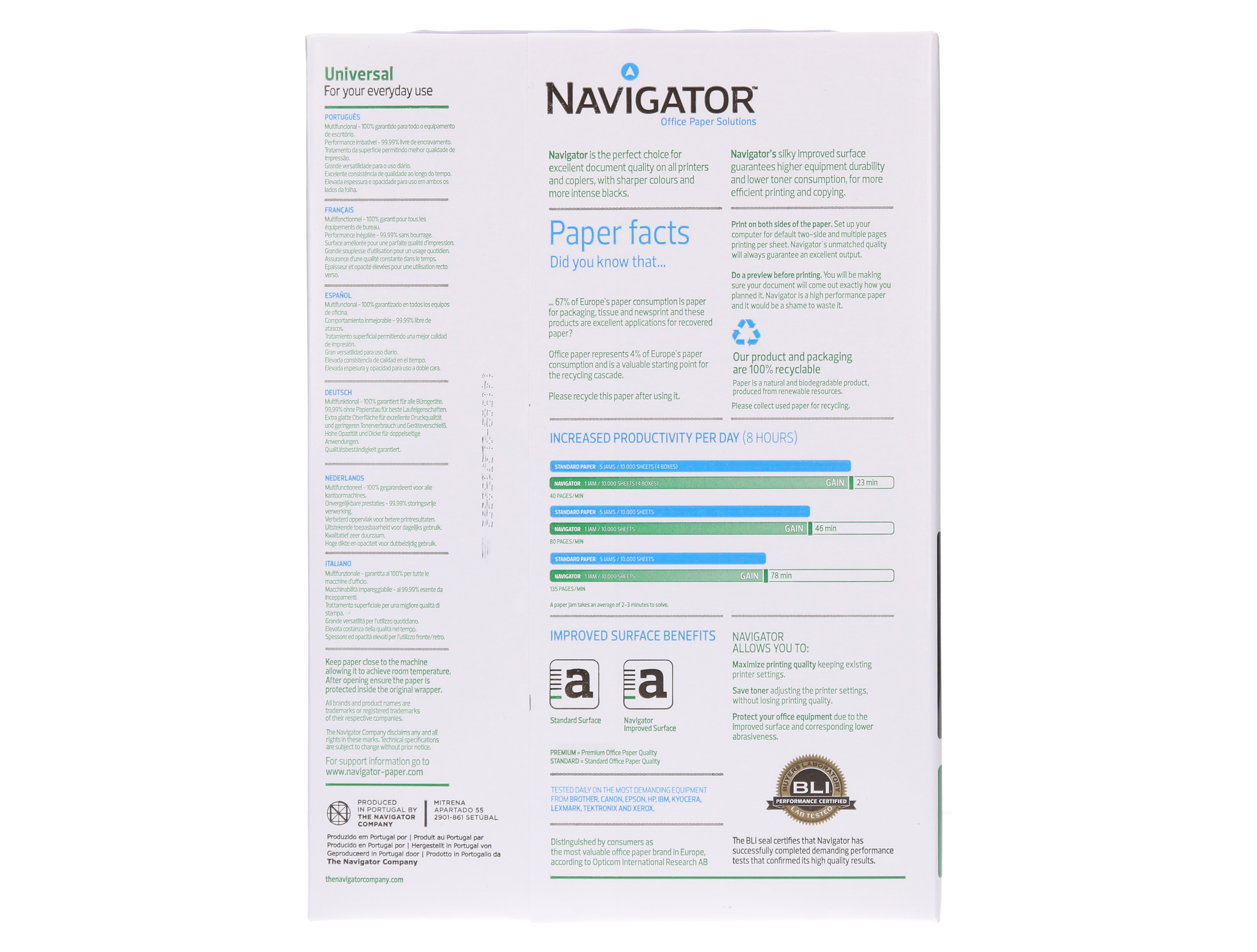 PAPIER NAVIGATOR MULTIFONCTION UNIVERSAL A4 80G BLANCHEUR 169 OPACITÉ 95 RIGIDITÉ 120 QUALITÉ SUPÉRIEURE 500 FEUILLES
