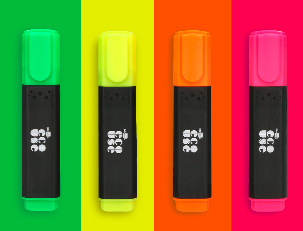 SURLIGNEUR LIDERPAPEL ECOUSE FLUORESCENT FABRIQUE 68% PLASTIQUE RECYCLE BOITE DE 4 UN COLORIS ASSORTIS
