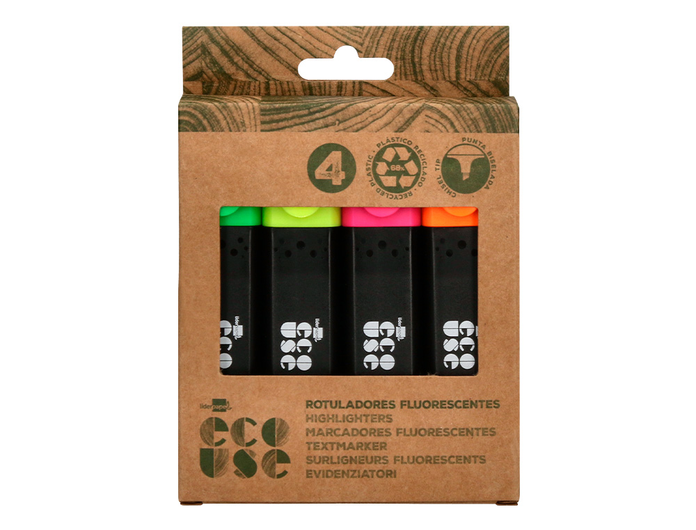 SURLIGNEUR LIDERPAPEL ECOUSE FLUORESCENT FABRIQUE 68% PLASTIQUE RECYCLE BOITE DE 4 UN COLORIS ASSORTIS
