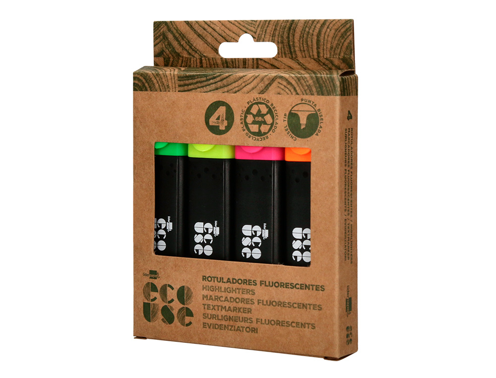 SURLIGNEUR LIDERPAPEL ECOUSE FLUORESCENT FABRIQUE 68% PLASTIQUE RECYCLE BOITE DE 4 UN COLORIS ASSORTIS