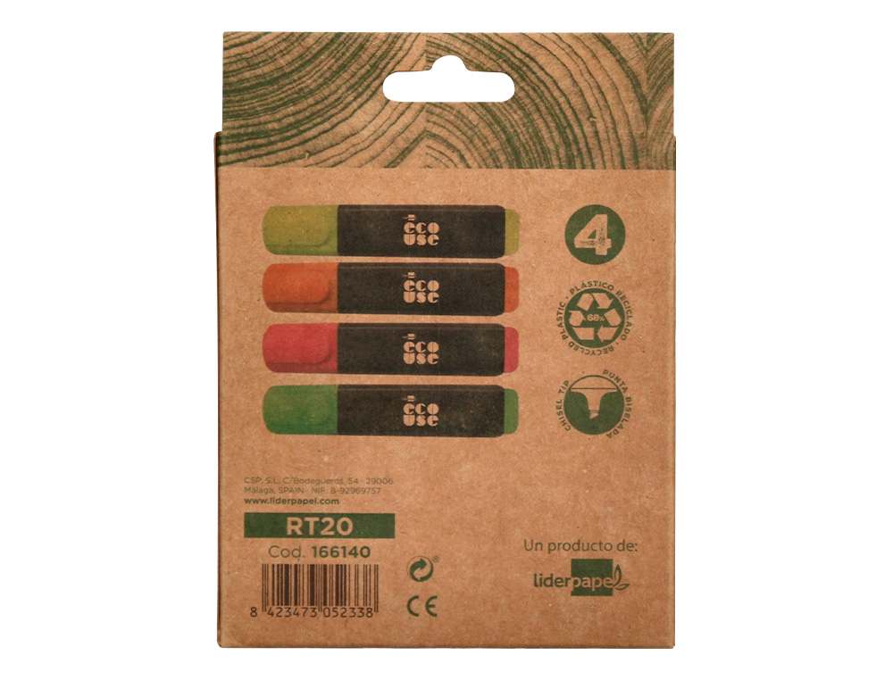 SURLIGNEUR LIDERPAPEL ECOUSE FLUORESCENT FABRIQUE 68% PLASTIQUE RECYCLE BOITE DE 4 UN COLORIS ASSORTIS