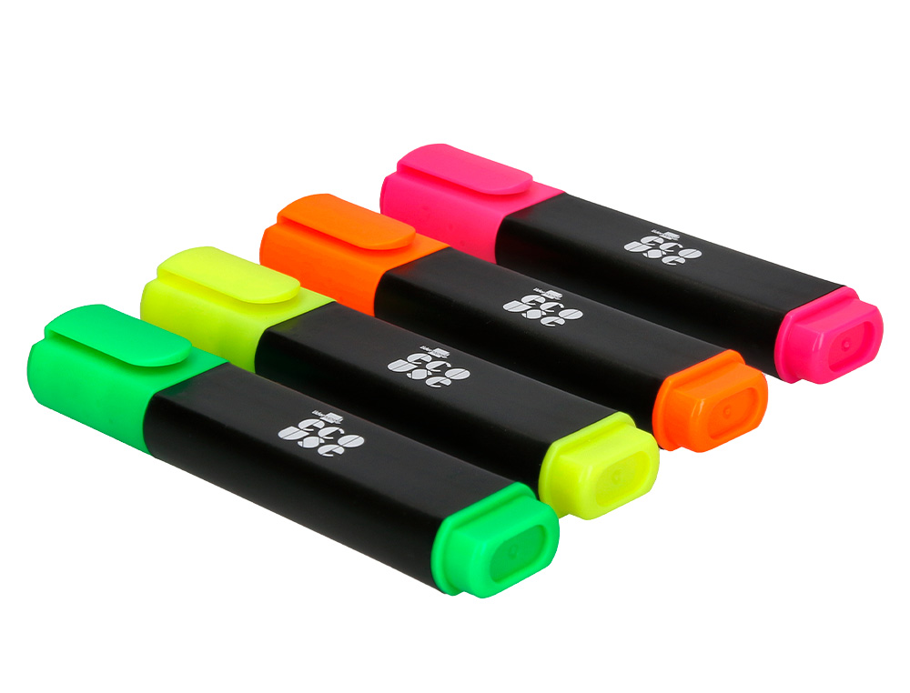 SURLIGNEUR LIDERPAPEL ECOUSE FLUORESCENT FABRIQUE 68% PLASTIQUE RECYCLE BOITE DE 4 UN COLORIS ASSORTIS